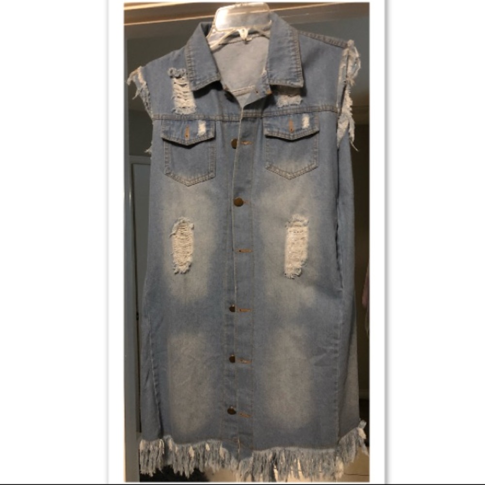Denim sleeves fringe jacket w/pockets